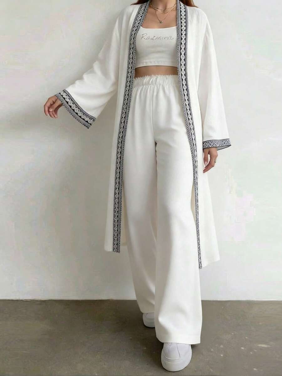 Easowa Women's Geometric Print Robe And Pants Casual 2 Pieces Set Spring Outfit Women Casual Women Outfits White Two Pieces Set White Pants Set For Women White Kimono Modest Two Pieces Set Pants Two Pieces Set,Casual Clothes - White - View 1
