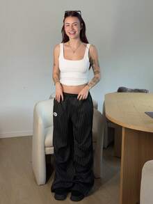 Abrilcols 女式夏季基本款条纹阔腿运动裤 - 黑色 - 查看 5