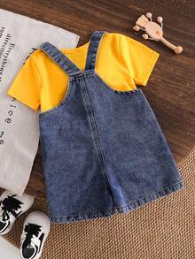 SHEIN 2pcs/Set Cute Lion Design Unisex Baby Boy/Girl Denim Bib Shorts Romper And Yellow Short Sleeve Knit T-Shirt Outfit, Spring/Summer - Yellow - View 2