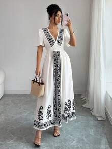 Elenzga 2026春夏新款女士度假印花连衣裙 - 杏色 - 查看 6