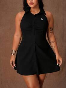 Rustia Plus Size Women Solid Color Front Button Fitted Sleeveless Shirt Dress - Black - View 1