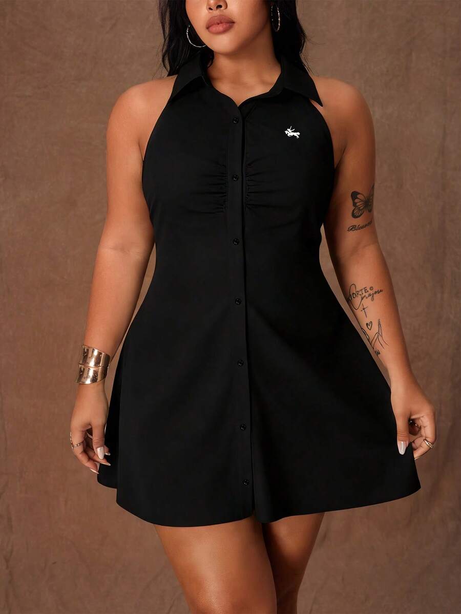 Rustia Plus Size Women Solid Color Front Button Fitted Sleeveless Shirt Dress - Black - View 1