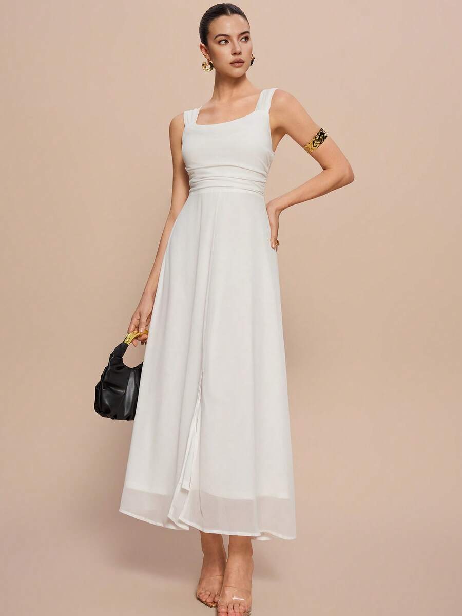 Chiquease Đầm xẻ tà không tay, màu trơn, thắt eo - trắng - Xem 1