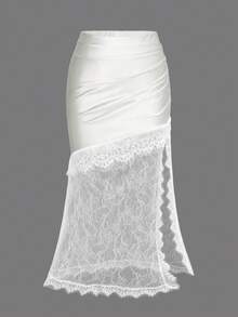 Elenzga Chân váy cỡ lớn màu trơn thanh lịch bằng chất liệu satin phối ren, xẻ cao. - trắng - Xem 4