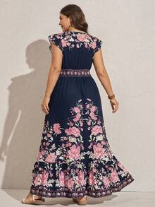 Comfylo 大码印花V领荷叶边休闲连衣裙 - 寶藍色 - 查看 2