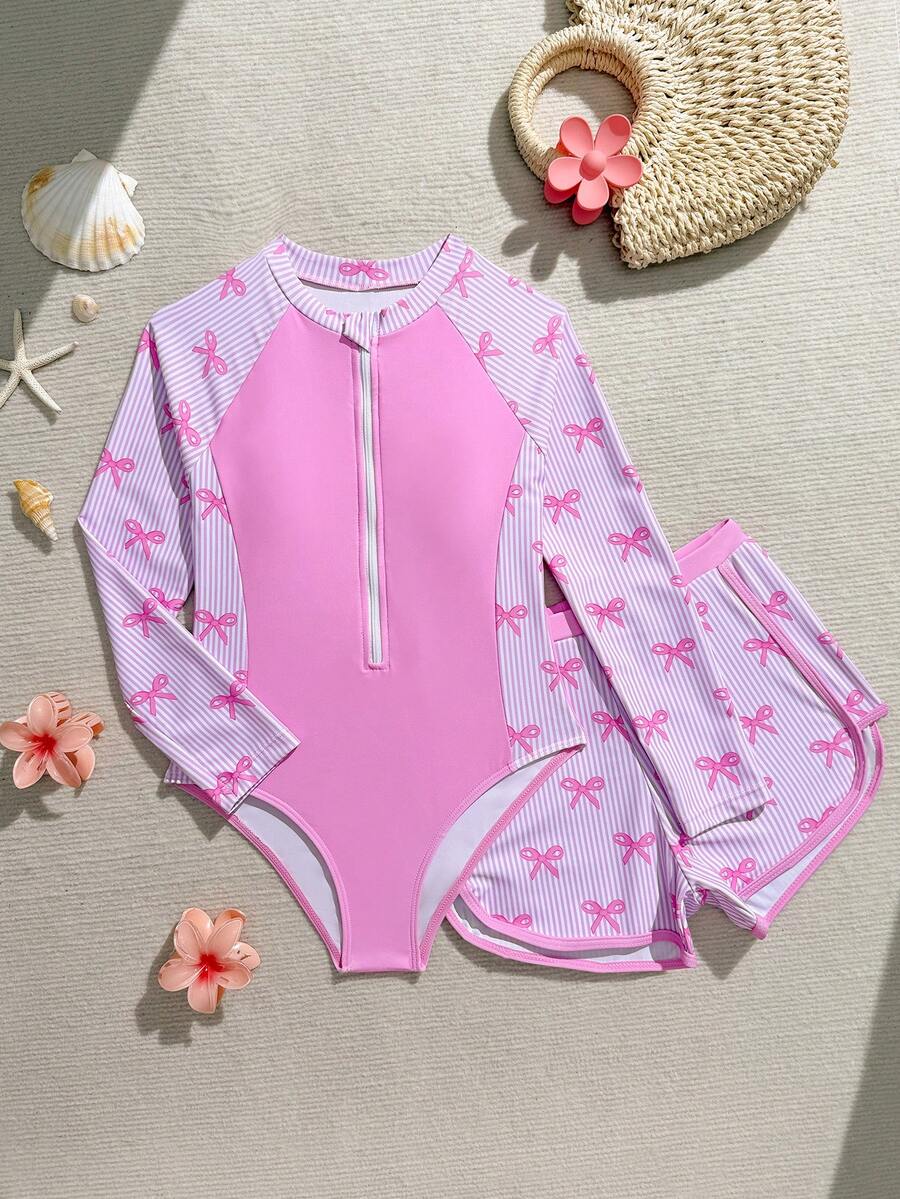 SHEIN Tween Girl Pink And White Striped Swimwear,Cute Patchwork Bow Print Long Sleeve&Shorts 2 Pieces Rash Guard Set,Summer Beach Holiday Bathing Suits - Pink - View 1