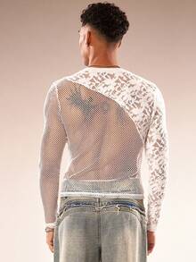 FeverCity Men's Contrast Lace Hollow Design Round Neck Long Sleeve T-Shirt - White - View 3