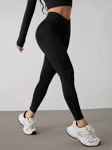 SHEIN PETITE 女士纯色 V 腰弹力紧身裤 - 黑色 - 查看 9