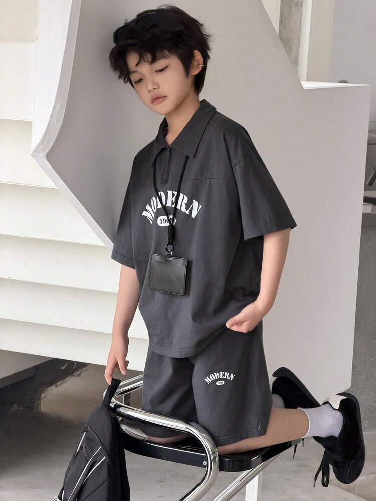 Tween Boy Summer Casual Letter Print T-Shirt And Shorts Set
