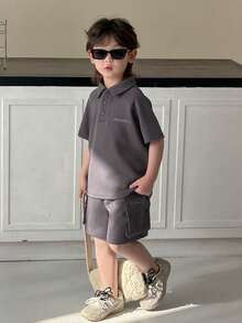 DAZY Kleine Jungen Sommer Lässig Kurzarm T-Shirt und Cargo Shorts Set - Dunkelgrau - Übersicht 3