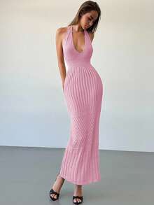Aloruh 新款钩针编织露背深V领性感度假/约会/休闲针织连衣裙 - 粉色 - 查看 10