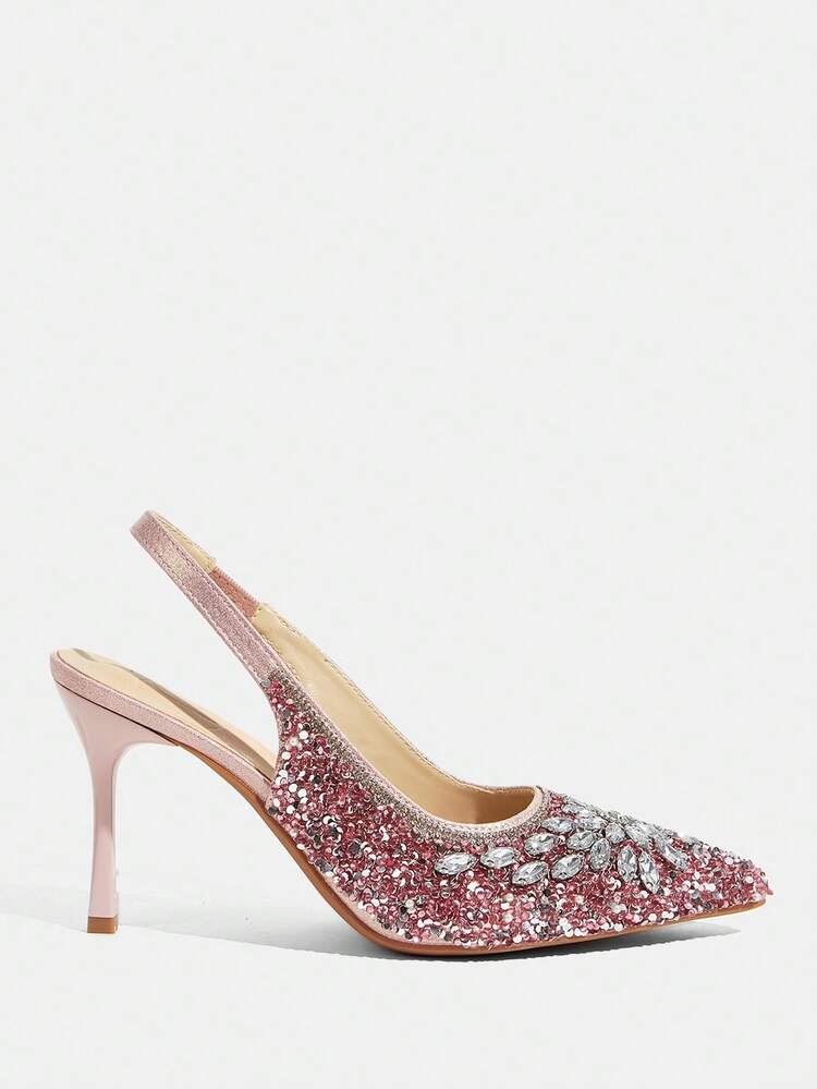 CUCCOO TILAWA Women Shoes Women's Fashion Pointed Metal Rhinestones Sparkling Evening Wedding Lightweight Daily Commuter Party Wind Outdoor Pedal Stiletto High Heel Shoes