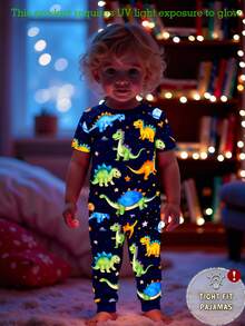 1Set Baby Boy Glow-In-The-Dark Dinosaur Print Snug Fit Short Sleeve Pajama Set, Spring/Summer - Blue - View 1