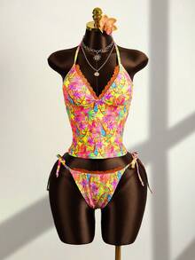 Zestiva Women's Summer Vacation Casual Beach Wear Tropical Floral Print Strapless Bandeau Tie Back Camisole Strap Bikini Lace Trim Two Pieces Swimsuit Set - Multicolor - View 5