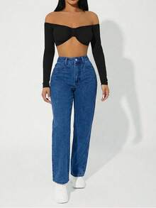 SHEIN PETITE Women's Pocket Button Casual Everyday Versatile Jeans - Medium Wash - View 5