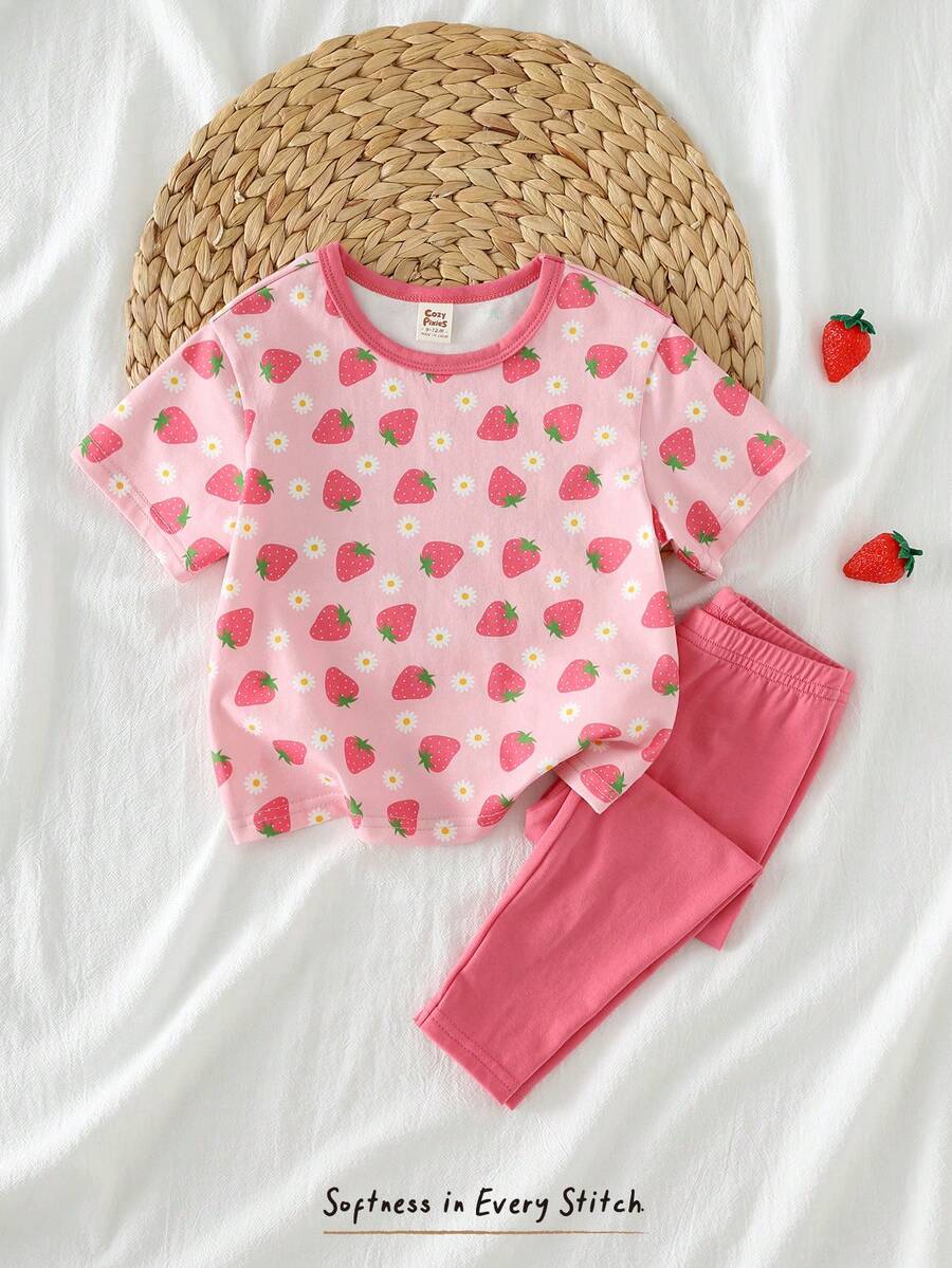 Cozy Pixies 2pcs Baby Girl Strawberry Pattern Knit Soft Round Neck Short Sleeve Top And Elastic Waist Pants Set - Pink - View 1