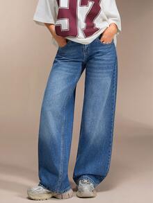 SHEIN Quần jean ống rộng túi chéo - Rửa trung bình - Xem 4