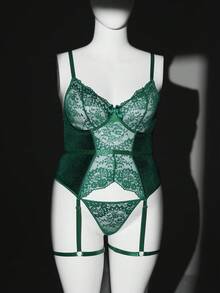 Seduluxe Bộ đồ lót ren phối ren gợi cảm cỡ lớn 2 món - Màu xanh lá cây đậm - Xem 7