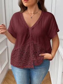 SHEIN Frenchy Camisa de talla grande de verano, de unicolor, con parches de encaje - Burdeos - Ver 6