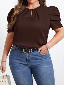 SHEIN Privé 大码夏季休闲纯色花瓣袖衬衫 - 棕色 - 查看 3
