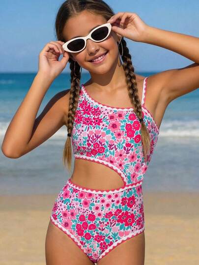Traje de baño de una pieza con tirantes de espagueti, recorte hueco y estampado floral de color rosa brillante para adolescentes, ideal para verano y vacaciones en la playa
