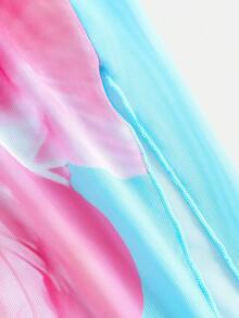 少女印花比基尼套装，挂脖比基尼上衣和裙子三件套，适合海滩度假 - 藍色 - 查看 4