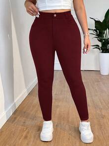 SHEIN PETITE CURVE Pantalones de cintura alta de unicolor talla grande, aptos para uso diario - Burdeos - Ver 4