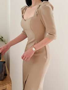DAZY Women's Square Neck Mid-Sleeve Fitted Waist Midi Dress, Elegant For Commuting Sundress - Apricot - View 6