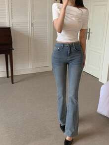 DAZY Women's Solid Color Off-Shoulder Pleated Fitted Short Sleeve T-Shirt, Spring/Summer - White - View 3