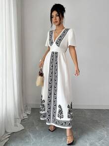 Elenzga 2026春夏新款女士度假印花连衣裙 - 杏色 - 查看 7