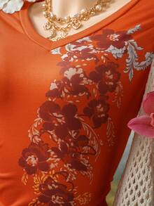 EgrlEra Women's Fashionable Orange Printed V-Neck Short Sleeve T-Shirt - Burnt Orange - View 6