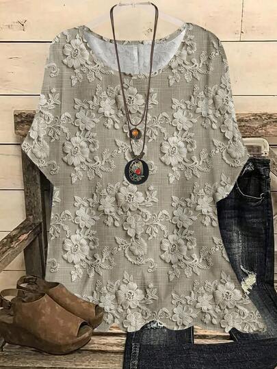 EMERY ROSE Blusa holgada de talla grande con cuello redondo y manga corta, con estampado de encaje, adecuada para vacaciones