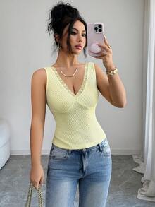 Rafferiza Débardeur élégant, délicat et sexy pour sortie en extérieur, en tricot texturé avec patchwork en dentelle, de couleur jaune clair, pour le printemps/été - Jaune citron - Voir 5