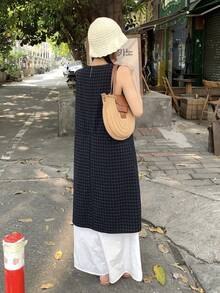 DAZY 女士格子V领无袖中长连衣裙 - 黑色 - 查看 8