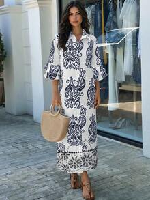 SHEIN LUNE Vintage Style Ruffled Collar Single-Breasted Loose Floral Print Long Dress For Women, Spring/Summer - Multicolor - View 6