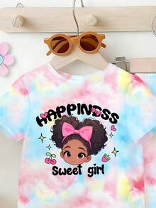 【两件套】适合6个月至2-3岁女婴，多巴胺甜美酷炫风格粉蓝渐变扎染+卡通字母印花短袖上衣+喇叭裤，轻薄面料，色彩鲜艳夺目，适合日常户外夏季儿童服装 - 彩色 - 查看 5