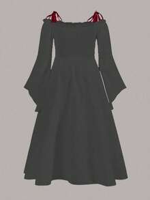 Sweetra Plus Size Black And Red Women's Goth A-Line Long Dress,Autumn 2 In 1 Drawstring Vampire Renaissance Gothic European Maxi Dress For Party Outfit - Multicolor - View 2