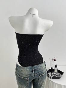 Elamini Casual Versatile Sequin Ruched Bandeau Bodysuit For Women, Black, Spring/Summer - Black - View 2