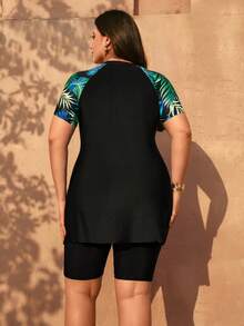 Swim Mulvari Casual Plus Size Knitted Fabric Multicolor High Neck Burkinis With Plants Pattern Regular Sleeve And Long Shorts - Multicolor - View 2