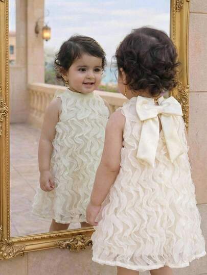 Baby Girl Floral Mesh Embroidered Collar Back Bow A-Line Dress, Apricot Color