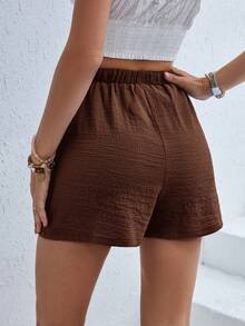 SHEIN Essnce 大码女装春夏时尚休闲宽松舒适日常深蓝色纹理面料短裙裤，女式下装，夏季女装，沙滩装，度假装，宽松裤，修身裤，夏季短裤，裙裤 - 棕色 - 查看 2