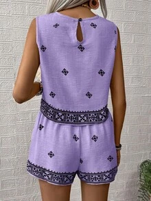 SHEIN LUNE Graphic Print Round Neck Tank Top And Shorts Casual Vacation 2 Pieces Set - Mauve Purple - View 2