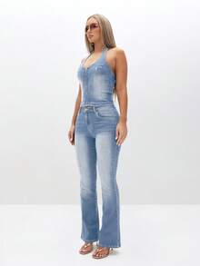 BABYPHAT Bộ jumpsuit denim co giãn cạp thấp, ống loe rộng, cổ yếm, hở lưng, có túi và đai, thích hợp cho phong cách retro mùa hè năng động và dự tiệc. - Rửa nhẹ - Xem 3