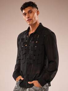 FeverCity 男士半透明纽扣长袖衬衫 - 黑色 - 查看 4