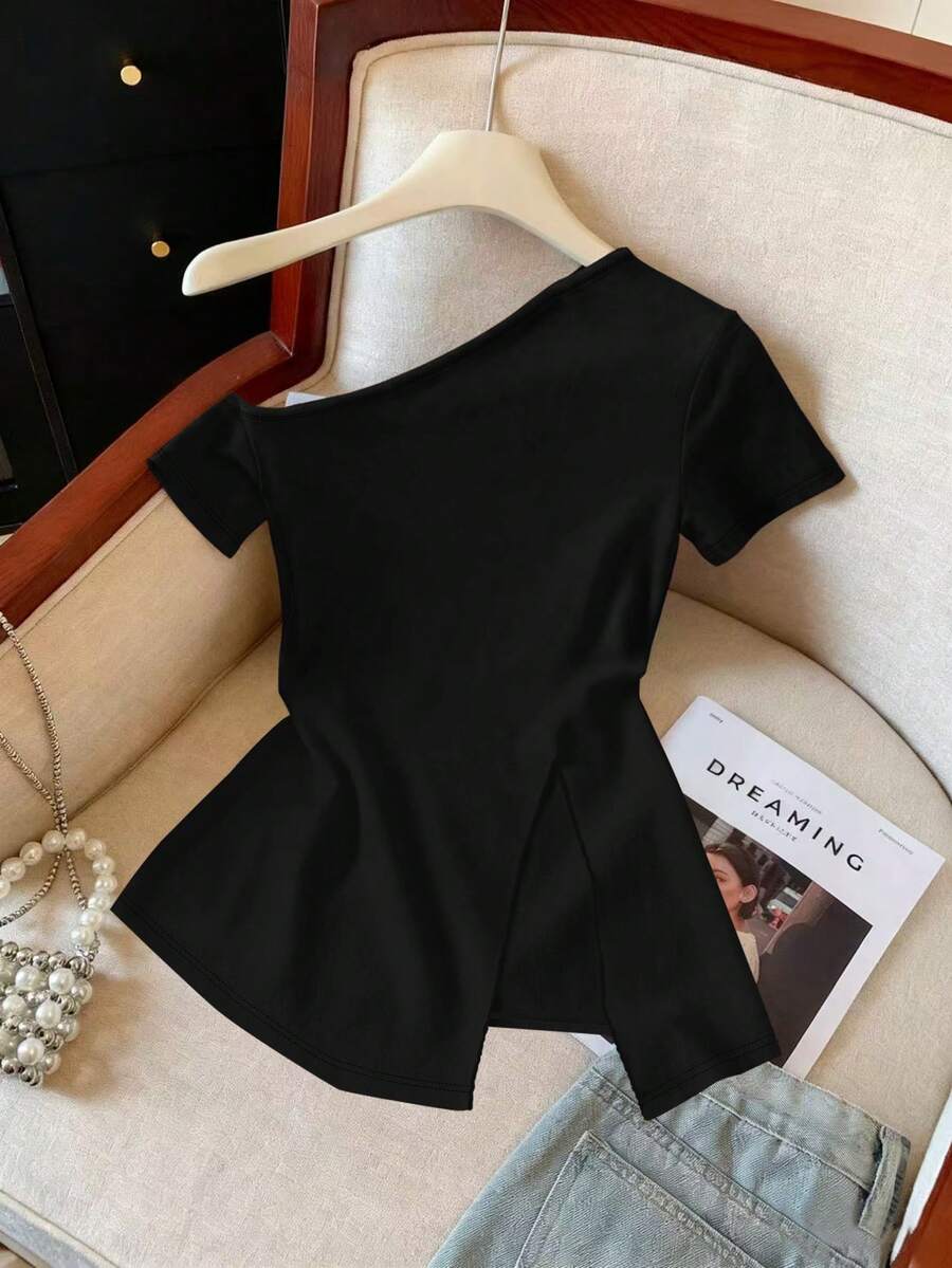 Resyla Women's Spring/Summer New Arrival Asymmetric Neck Design, Asymmetrical Hem Fitted Versatile T-Shirt - Black - View 1