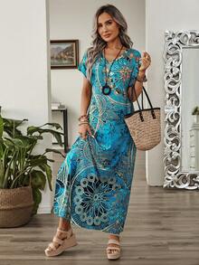 Faunlyn 女士復古花卉印花V領蝙蝠袖休閒夏季長裙，長款女裝 - 彩色 - 查看 4