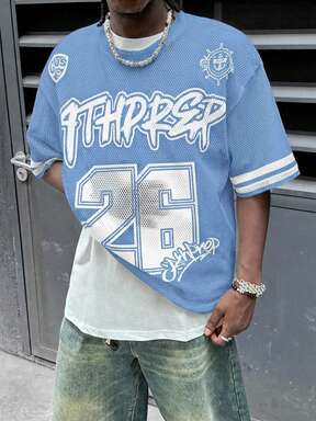 AXEPEAK Camiseta de manga corta con estampado de letras y hombros caídos, de corte holgado, para hombre