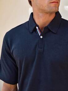 Manfinity CityGents Men's Half-Zip Raglan Short Sleeve Casual Loose Knit Sweater - Navy Blue - View 2