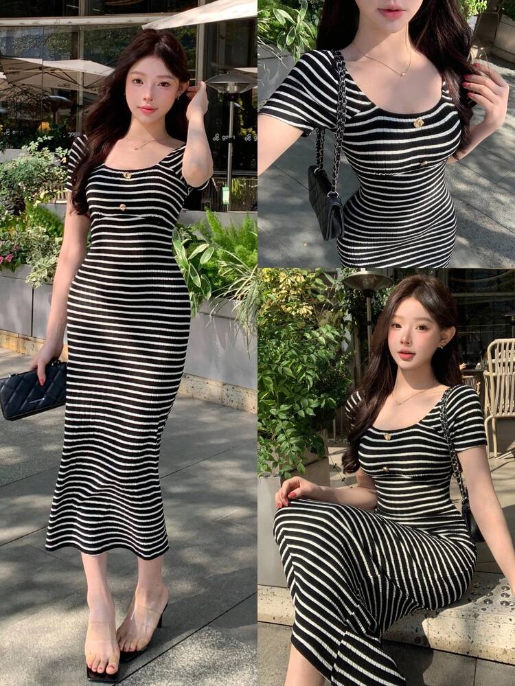 Spring & Summer Textured Black & White Striped Dress, Elegant For Valentine's Day, Wedding, Party, Fitted Waist With Metal Buckle Decor, Short Sleeve, Suitable For Commuting Sundress