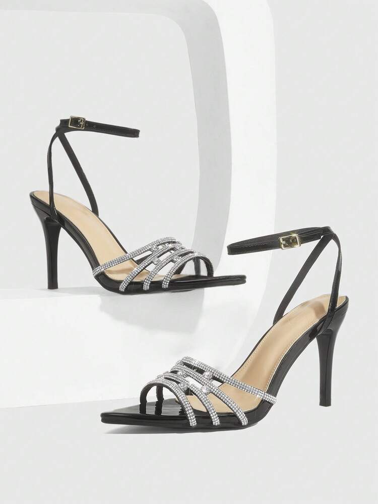 CUCCOO SZL Women Shoes Summer New Black Rhinestone Back Ankle Strap Women's High Heel Sandals Fashion Gorgeous Sexy Party Banquet Women's Sandals